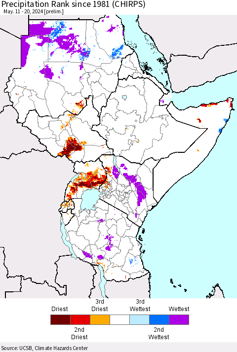 Eastern Africa Precipitation Rank since 1981 (CHIRPS) Thematic Map For 5/11/2024 - 5/20/2024