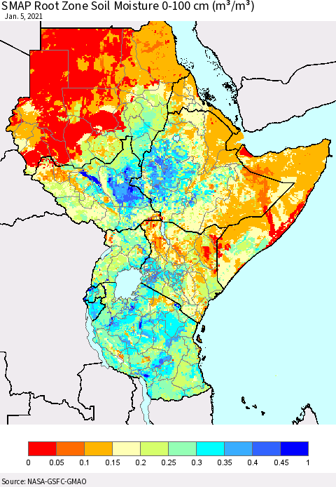Eastern Africa SMAP Root Zone (0-100 cm) Soil Moisture (m³/m³) Thematic Map For 1/1/2021 - 1/5/2021