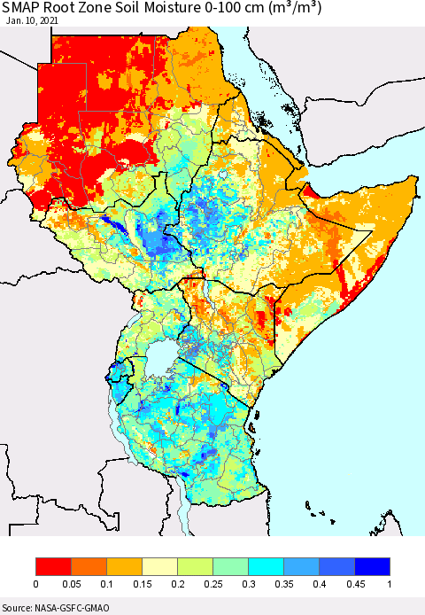 Eastern Africa SMAP Root Zone (0-100 cm) Soil Moisture (m³/m³) Thematic Map For 1/6/2021 - 1/10/2021