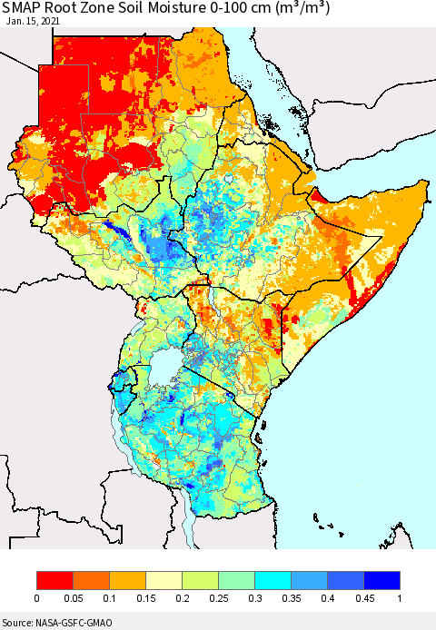 Eastern Africa SMAP Root Zone (0-100 cm) Soil Moisture (m³/m³) Thematic Map For 1/11/2021 - 1/15/2021