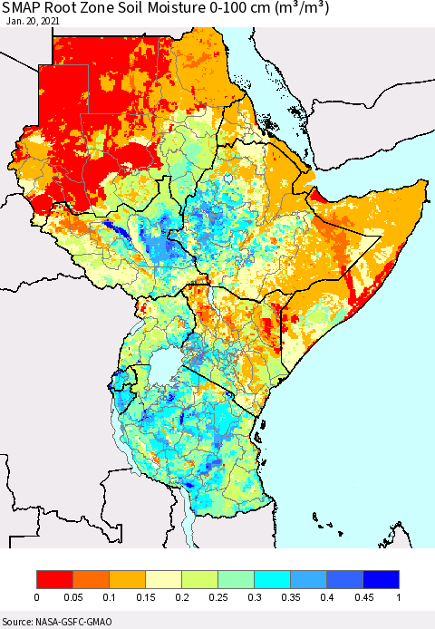 Eastern Africa SMAP Root Zone (0-100 cm) Soil Moisture (m³/m³) Thematic Map For 1/16/2021 - 1/20/2021