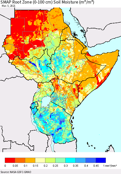 Eastern Africa SMAP Root Zone (0-100 cm) Soil Moisture (m³/m³) Thematic Map For 3/1/2021 - 3/5/2021
