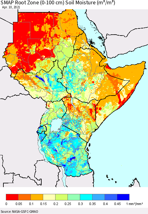 Eastern Africa SMAP Root Zone (0-100 cm) Soil Moisture (m³/m³) Thematic Map For 4/6/2021 - 4/10/2021