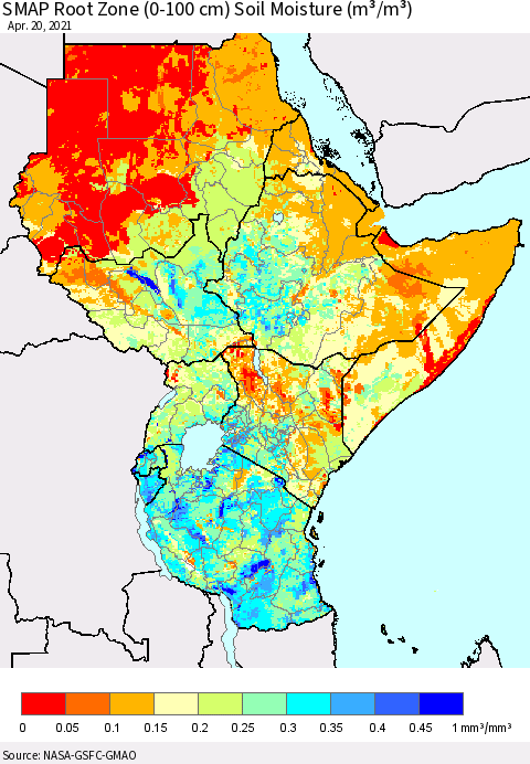 Eastern Africa SMAP Root Zone (0-100 cm) Soil Moisture (m³/m³) Thematic Map For 4/16/2021 - 4/20/2021