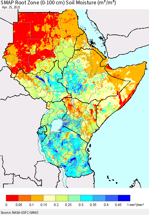 Eastern Africa SMAP Root Zone (0-100 cm) Soil Moisture (m³/m³) Thematic Map For 4/21/2021 - 4/25/2021