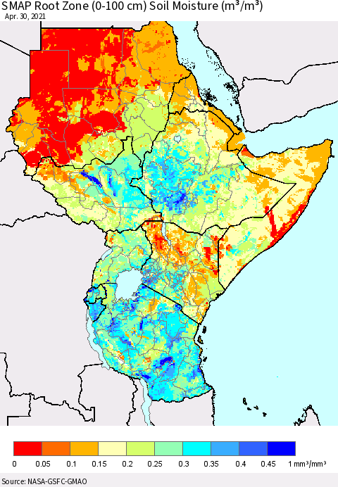 Eastern Africa SMAP Root Zone (0-100 cm) Soil Moisture (m³/m³) Thematic Map For 4/26/2021 - 4/30/2021