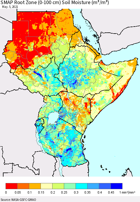 Eastern Africa SMAP Root Zone (0-100 cm) Soil Moisture (m³/m³) Thematic Map For 5/1/2021 - 5/5/2021
