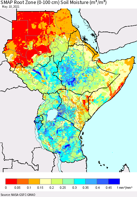 Eastern Africa SMAP Root Zone (0-100 cm) Soil Moisture (m³/m³) Thematic Map For 5/6/2021 - 5/10/2021