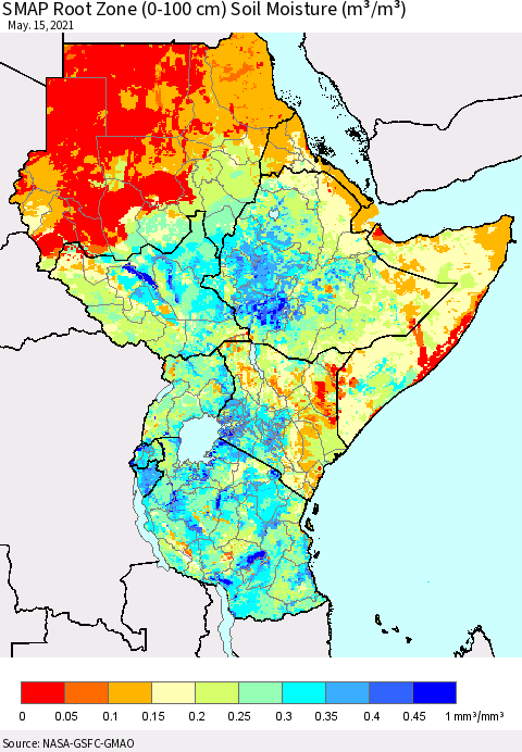 Eastern Africa SMAP Root Zone (0-100 cm) Soil Moisture (m³/m³) Thematic Map For 5/11/2021 - 5/15/2021