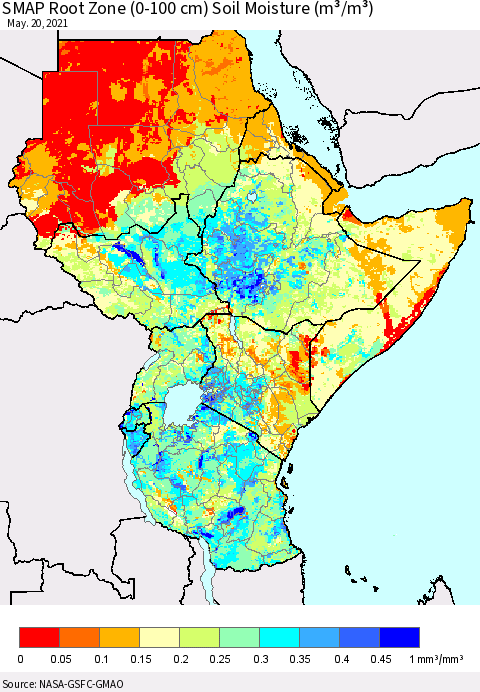 Eastern Africa SMAP Root Zone (0-100 cm) Soil Moisture (m³/m³) Thematic Map For 5/16/2021 - 5/20/2021