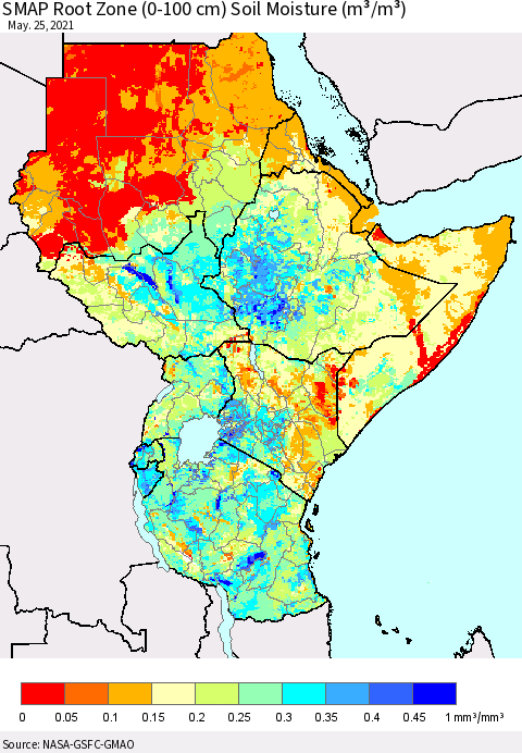 Eastern Africa SMAP Root Zone (0-100 cm) Soil Moisture (m³/m³) Thematic Map For 5/21/2021 - 5/25/2021