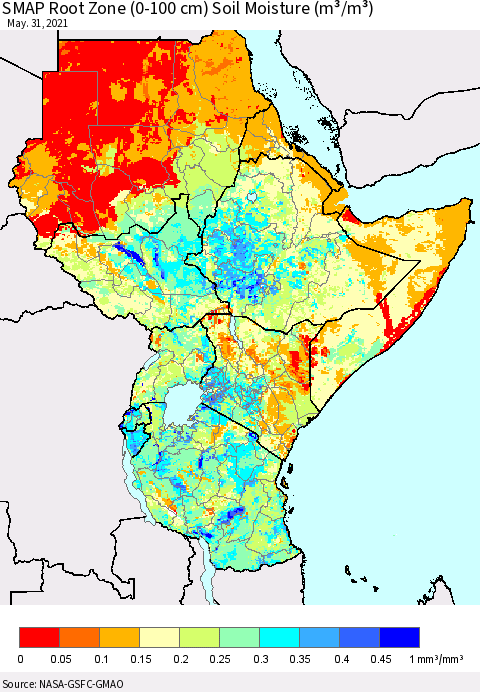 Eastern Africa SMAP Root Zone (0-100 cm) Soil Moisture (m³/m³) Thematic Map For 5/26/2021 - 5/31/2021
