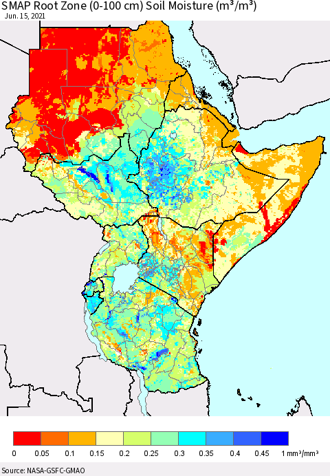 Eastern Africa SMAP Root Zone (0-100 cm) Soil Moisture (m³/m³) Thematic Map For 6/11/2021 - 6/15/2021