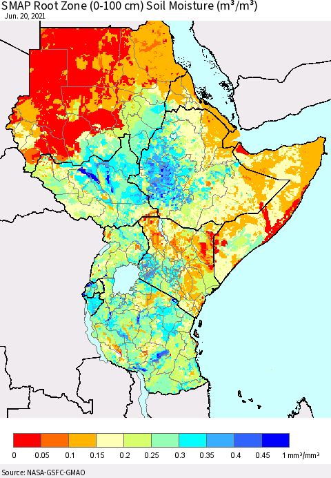 Eastern Africa SMAP Root Zone (0-100 cm) Soil Moisture (m³/m³) Thematic Map For 6/16/2021 - 6/20/2021