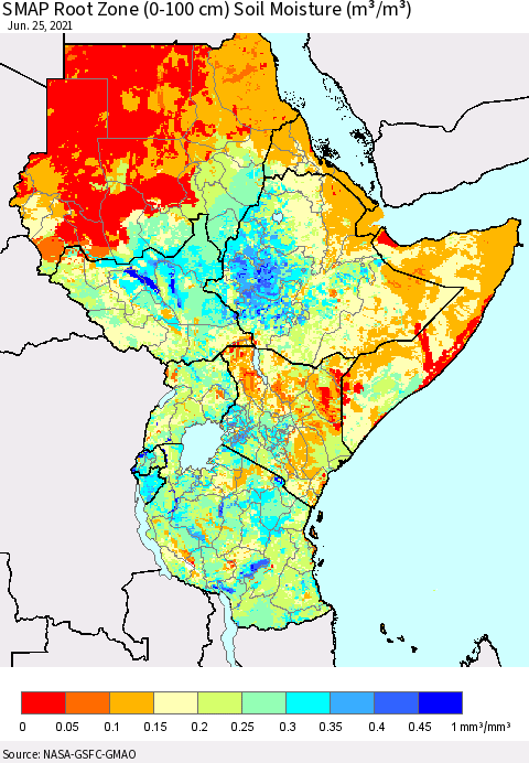 Eastern Africa SMAP Root Zone (0-100 cm) Soil Moisture (m³/m³) Thematic Map For 6/21/2021 - 6/25/2021