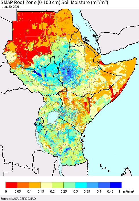Eastern Africa SMAP Root Zone (0-100 cm) Soil Moisture (m³/m³) Thematic Map For 6/26/2021 - 6/30/2021