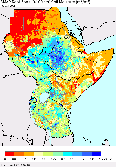 Eastern Africa SMAP Root Zone (0-100 cm) Soil Moisture (m³/m³) Thematic Map For 7/11/2021 - 7/15/2021