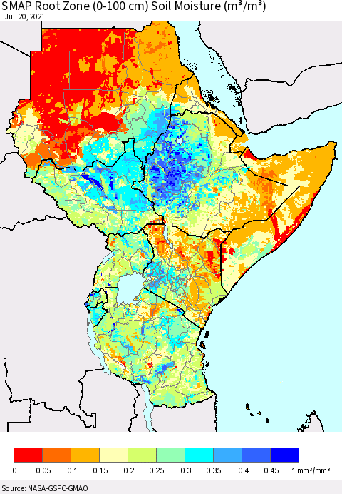 Eastern Africa SMAP Root Zone (0-100 cm) Soil Moisture (m³/m³) Thematic Map For 7/16/2021 - 7/20/2021
