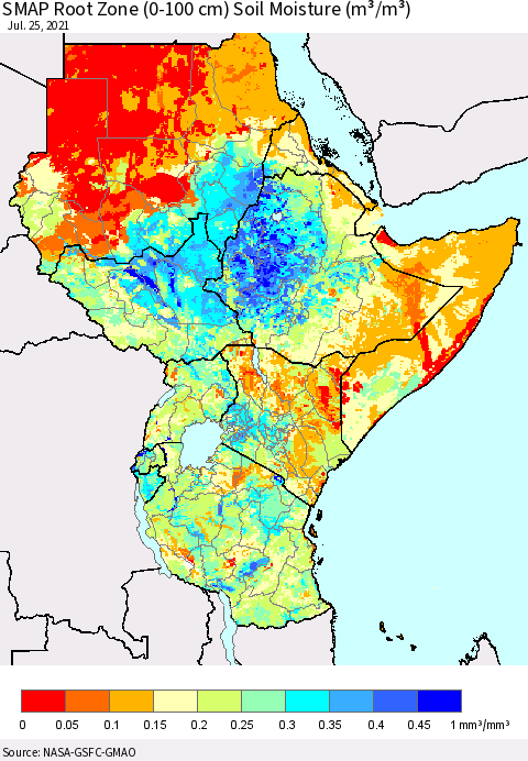 Eastern Africa SMAP Root Zone (0-100 cm) Soil Moisture (m³/m³) Thematic Map For 7/21/2021 - 7/25/2021