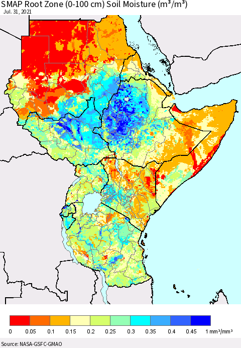 Eastern Africa SMAP Root Zone (0-100 cm) Soil Moisture (m³/m³) Thematic Map For 7/26/2021 - 7/31/2021