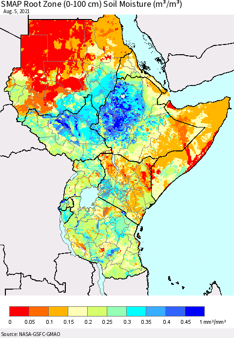 Eastern Africa SMAP Root Zone (0-100 cm) Soil Moisture (m³/m³) Thematic Map For 8/1/2021 - 8/5/2021