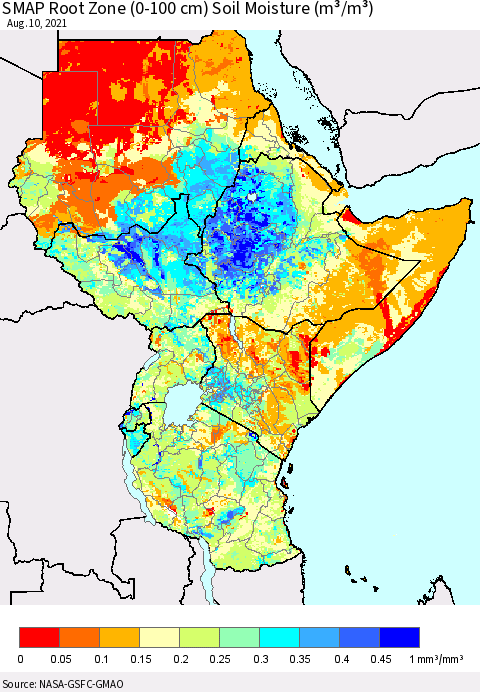 Eastern Africa SMAP Root Zone (0-100 cm) Soil Moisture (m³/m³) Thematic Map For 8/6/2021 - 8/10/2021
