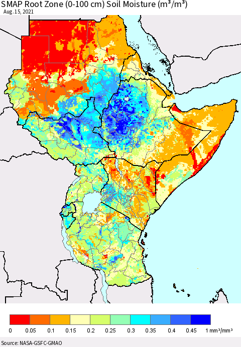 Eastern Africa SMAP Root Zone (0-100 cm) Soil Moisture (m³/m³) Thematic Map For 8/11/2021 - 8/15/2021