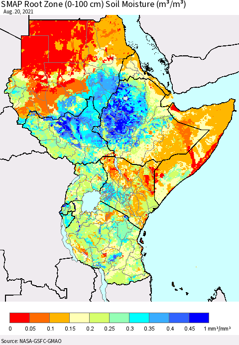 Eastern Africa SMAP Root Zone (0-100 cm) Soil Moisture (m³/m³) Thematic Map For 8/16/2021 - 8/20/2021