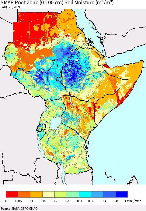 Eastern Africa SMAP Root Zone (0-100 cm) Soil Moisture (m³/m³) Thematic Map For 8/21/2021 - 8/25/2021