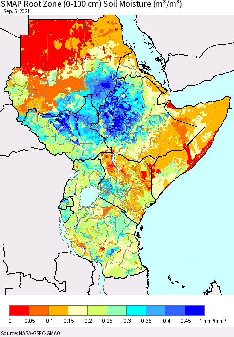 Eastern Africa SMAP Root Zone (0-100 cm) Soil Moisture (m³/m³) Thematic Map For 9/1/2021 - 9/5/2021