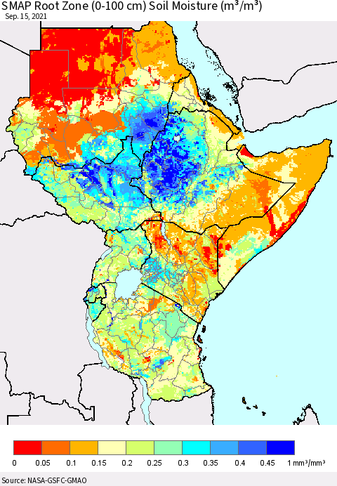 Eastern Africa SMAP Root Zone (0-100 cm) Soil Moisture (m³/m³) Thematic Map For 9/11/2021 - 9/15/2021