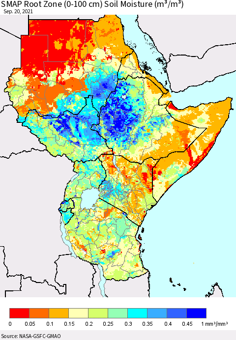 Eastern Africa SMAP Root Zone (0-100 cm) Soil Moisture (m³/m³) Thematic Map For 9/16/2021 - 9/20/2021