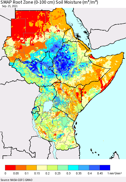 Eastern Africa SMAP Root Zone (0-100 cm) Soil Moisture (m³/m³) Thematic Map For 9/21/2021 - 9/25/2021