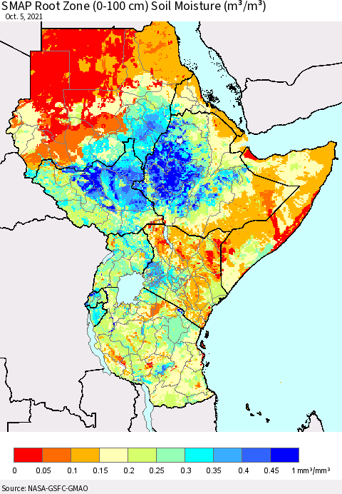 Eastern Africa SMAP Root Zone (0-100 cm) Soil Moisture (m³/m³) Thematic Map For 10/1/2021 - 10/5/2021