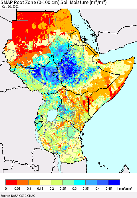 Eastern Africa SMAP Root Zone (0-100 cm) Soil Moisture (m³/m³) Thematic Map For 10/6/2021 - 10/10/2021