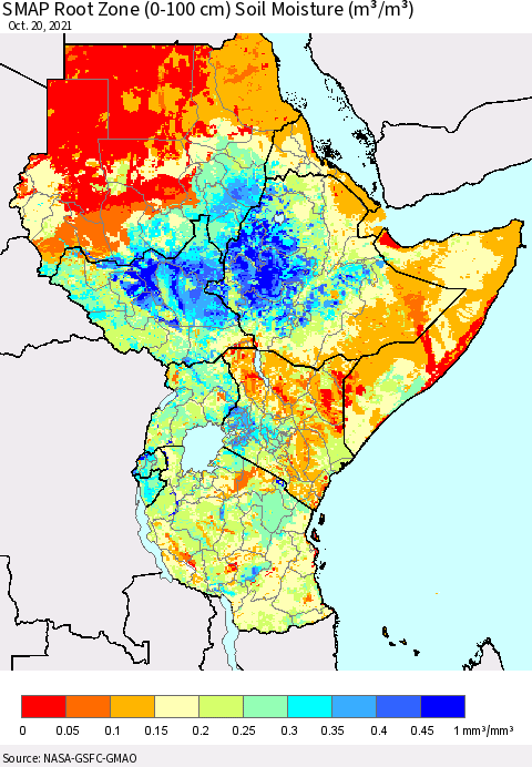 Eastern Africa SMAP Root Zone (0-100 cm) Soil Moisture (m³/m³) Thematic Map For 10/16/2021 - 10/20/2021