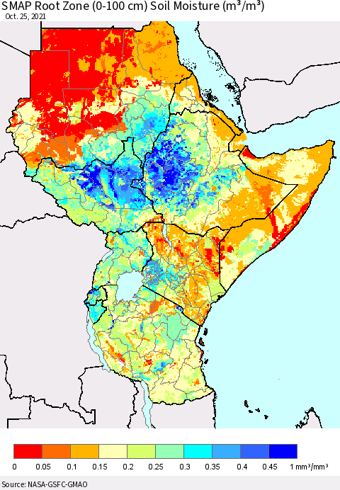 Eastern Africa SMAP Root Zone (0-100 cm) Soil Moisture (m³/m³) Thematic Map For 10/21/2021 - 10/25/2021