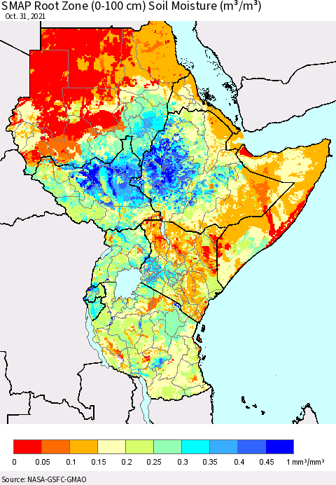 Eastern Africa SMAP Root Zone (0-100 cm) Soil Moisture (m³/m³) Thematic Map For 10/26/2021 - 10/31/2021