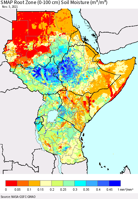 Eastern Africa SMAP Root Zone (0-100 cm) Soil Moisture (m³/m³) Thematic Map For 11/1/2021 - 11/5/2021
