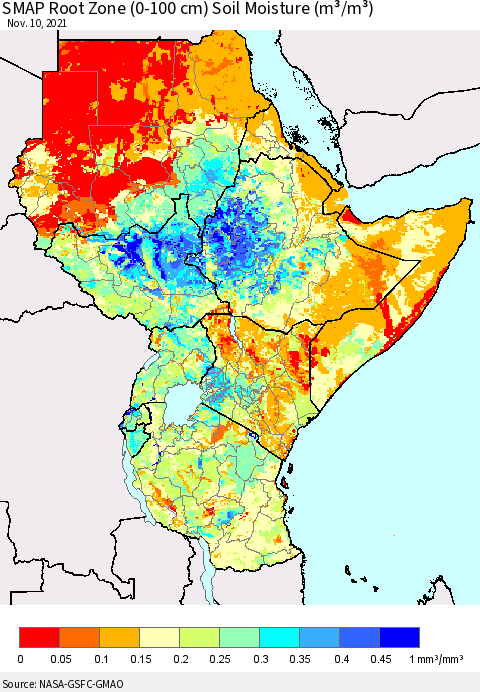 Eastern Africa SMAP Root Zone (0-100 cm) Soil Moisture (m³/m³) Thematic Map For 11/6/2021 - 11/10/2021