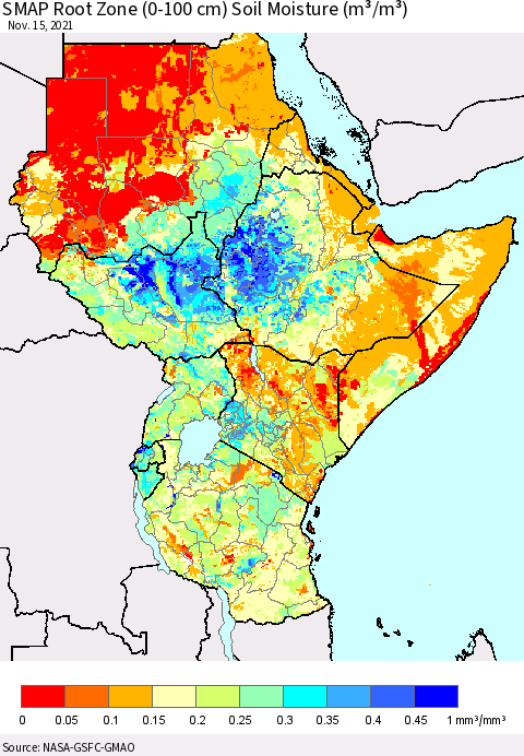 Eastern Africa SMAP Root Zone (0-100 cm) Soil Moisture (m³/m³) Thematic Map For 11/11/2021 - 11/15/2021