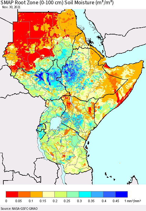 Eastern Africa SMAP Root Zone (0-100 cm) Soil Moisture (m³/m³) Thematic Map For 11/26/2021 - 11/30/2021