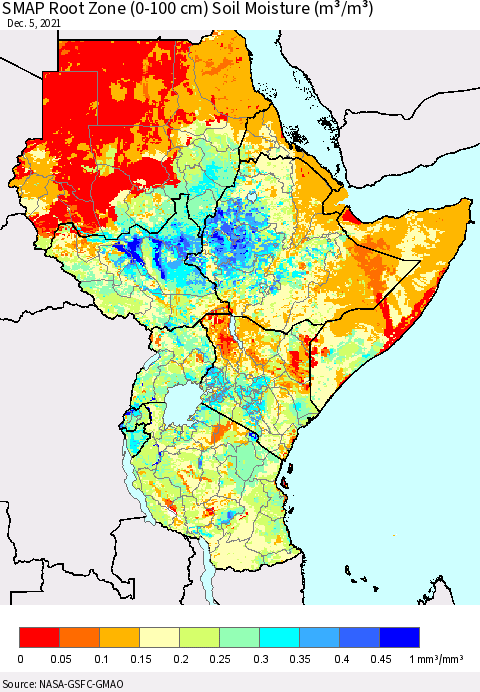 Eastern Africa SMAP Root Zone (0-100 cm) Soil Moisture (m³/m³) Thematic Map For 12/1/2021 - 12/5/2021