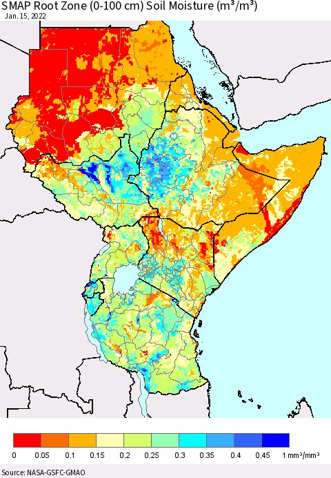 Eastern Africa SMAP Root Zone (0-100 cm) Soil Moisture (m³/m³) Thematic Map For 1/11/2022 - 1/15/2022