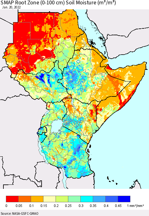 Eastern Africa SMAP Root Zone (0-100 cm) Soil Moisture (m³/m³) Thematic Map For 1/16/2022 - 1/20/2022