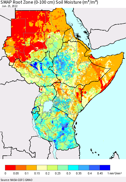 Eastern Africa SMAP Root Zone (0-100 cm) Soil Moisture (m³/m³) Thematic Map For 1/21/2022 - 1/25/2022
