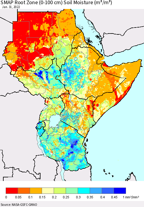Eastern Africa SMAP Root Zone (0-100 cm) Soil Moisture (m³/m³) Thematic Map For 1/26/2022 - 1/31/2022