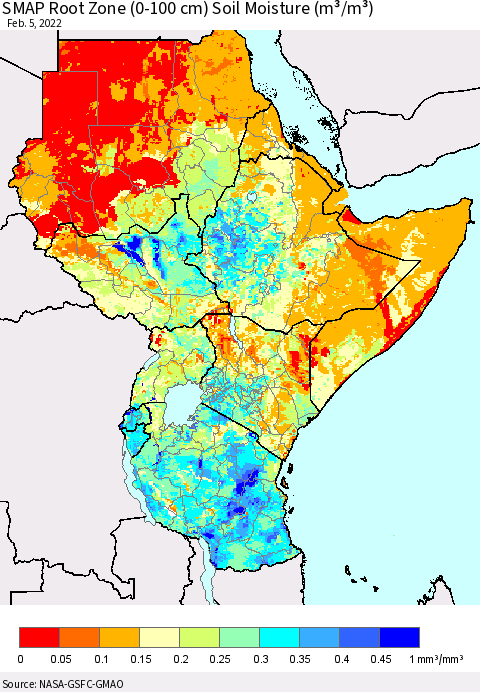 Eastern Africa SMAP Root Zone (0-100 cm) Soil Moisture (m³/m³) Thematic Map For 2/1/2022 - 2/5/2022