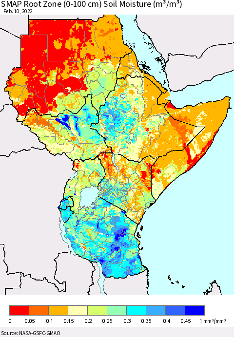 Eastern Africa SMAP Root Zone (0-100 cm) Soil Moisture (m³/m³) Thematic Map For 2/6/2022 - 2/10/2022