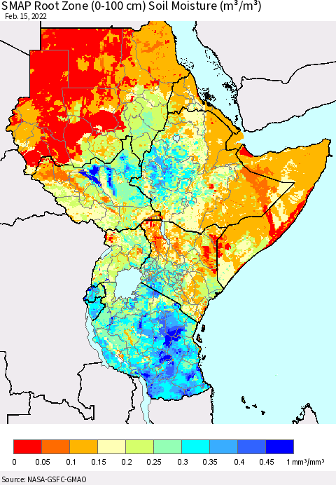 Eastern Africa SMAP Root Zone (0-100 cm) Soil Moisture (m³/m³) Thematic Map For 2/11/2022 - 2/15/2022